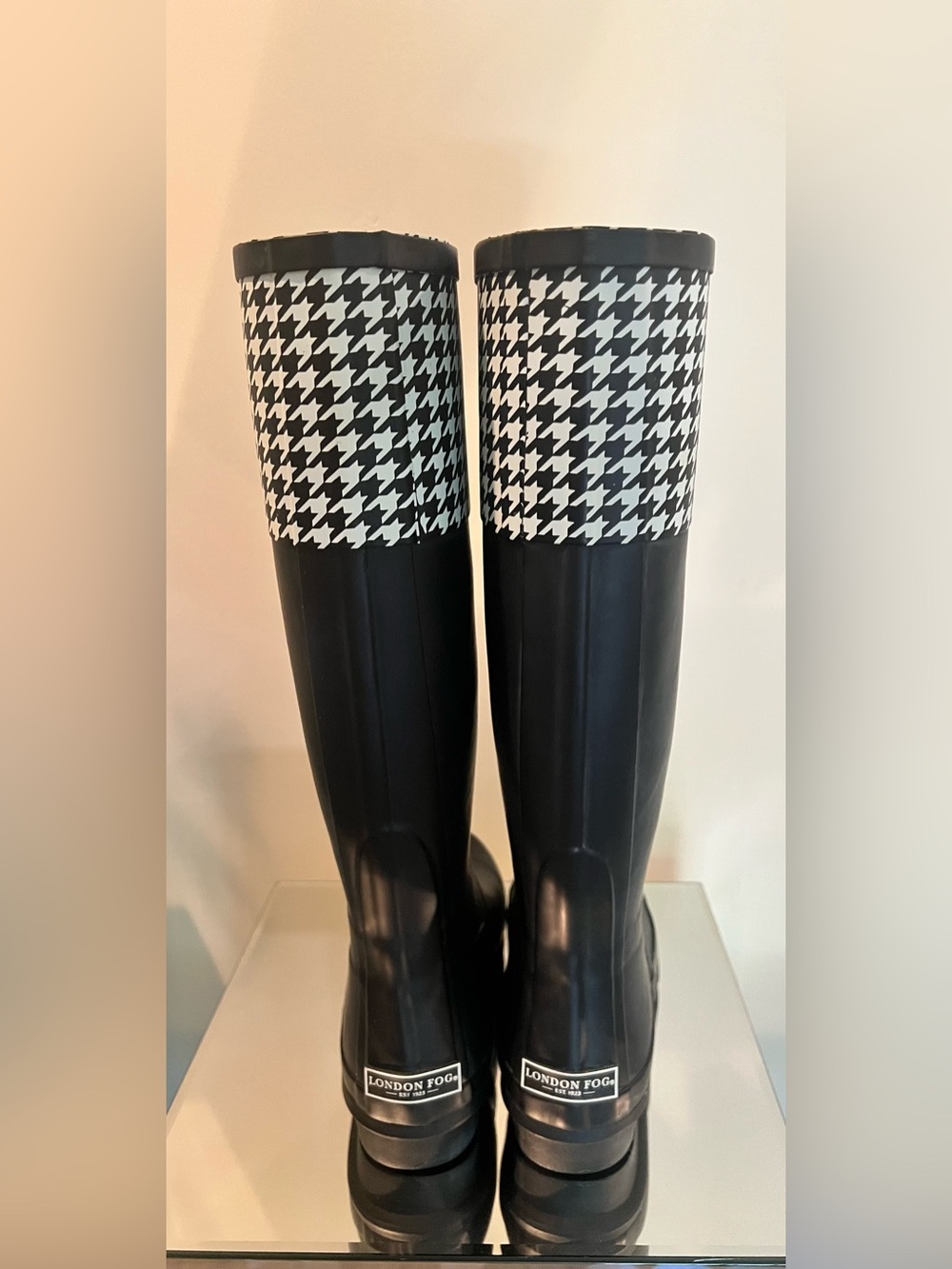London Fog Black & White Houndstooth Tall Rain Boots